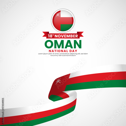 Oman national day greeting card, square banner background with warving ribbon flag