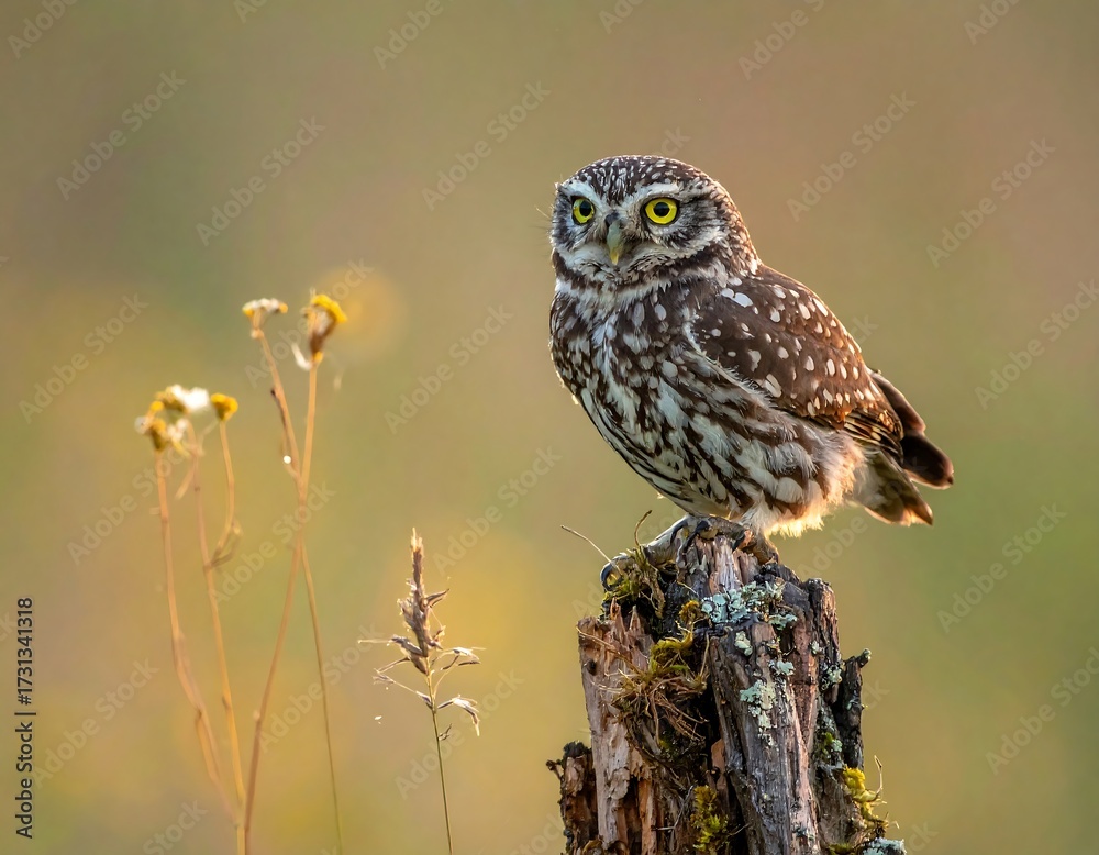 Obraz premium Little owl perched on weathered wood stump, soft light