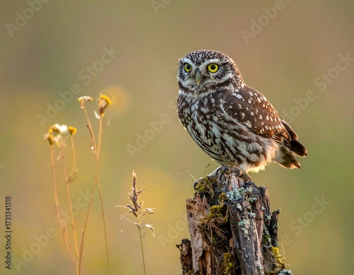 Wallpaper Mural Little owl perched on weathered wood stump, soft light Torontodigital.ca