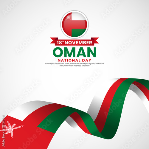 Oman national day greeting card, square banner background with warving ribbon flag