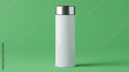 A sleek white thermos with a brushed steel lid stands centered against a simple green background