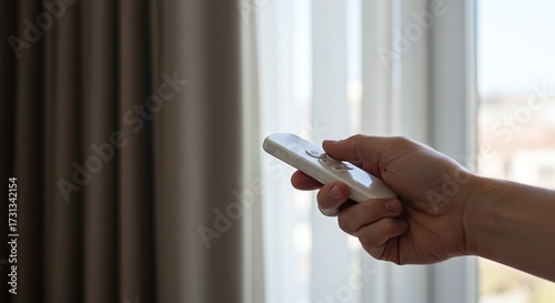 Person operating a smart remote control to adjust motorized blinds or curtains in a modern home.Concept of home automation and comfort.