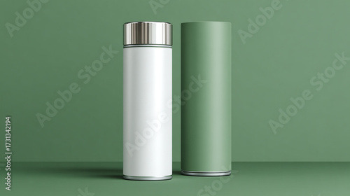 A minimalist white bottle with a shiny steel lid and its green cylindrical case on a solid green studio backdrop