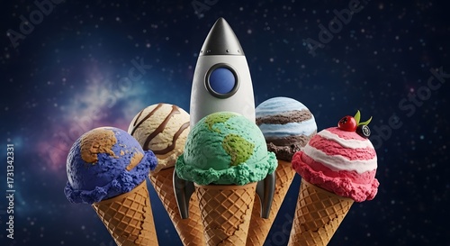 Ice Cream Planets and Rocket Against a Starry Galaxy Background