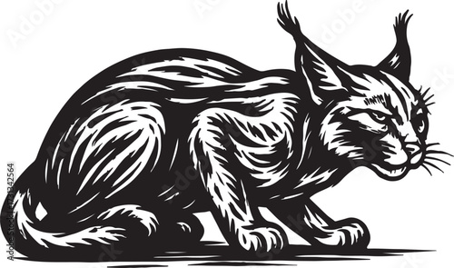 Stylized black and white woodcut illustration of a wild lynx cat with tufted ears sitting alertly