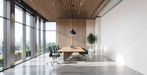 Modern conference room with wooden ceiling design and minimalist concept, featuring panoramic windows and natural light filled interior workspace. Ai generative