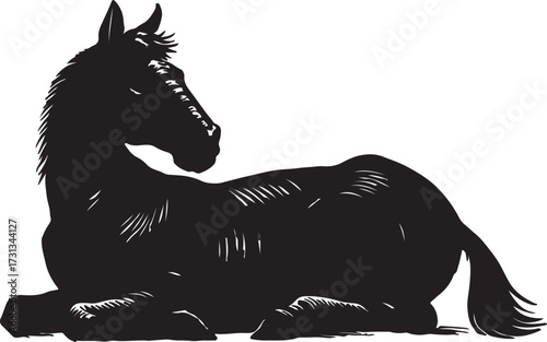 Black silhouette of a young horse resting peacefully on a white background in a sketch art style