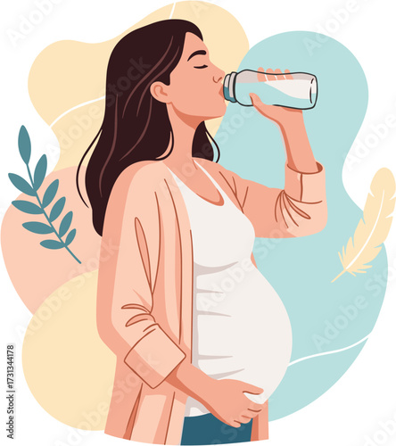 A serene pregnant woman thoughtfully sips refreshing water from a bottle, underscoring the vital importance of hydration and self-care for maternal well-being.