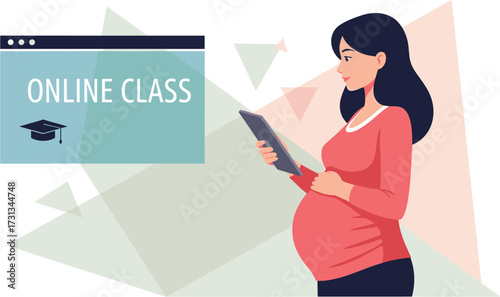 An expectant mother thoughtfully participates in a virtual classroom session on her digital tablet, embracing flexible education during her pregnancy journey.