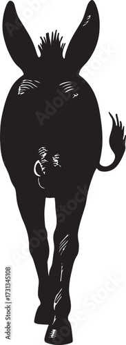 Silhouette of a donkey seen from behind with its tail swishing and long ears pointing upwards