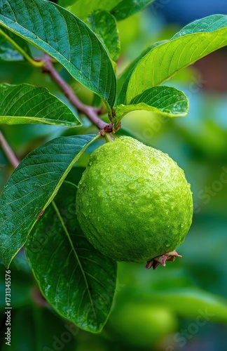 Wallpaper Mural Close-up of a green fruit hanging from a branch surrounded by vibrant leaves Torontodigital.ca
