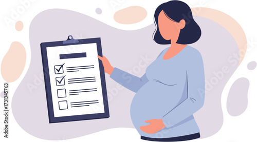 A pregnant woman meticulously reviews her prenatal checklist, ensuring all important tasks for her upcoming motherhood journey are carefully organized and completed.