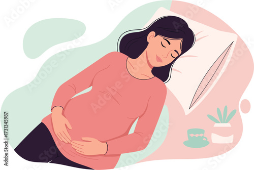 A serene pregnant woman finds comfort and tranquility while peacefully sleeping on her side, gently cradling her growing baby bump.