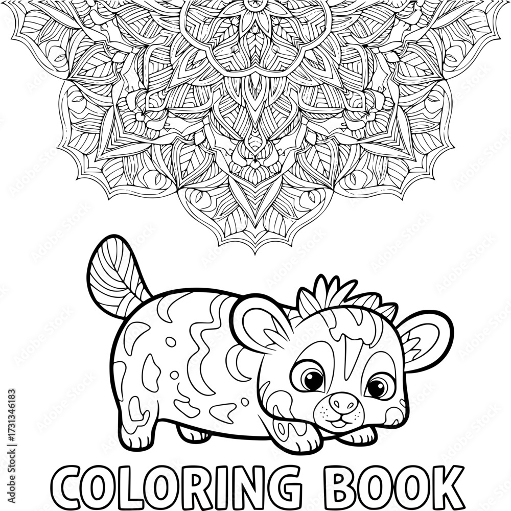 Naklejka premium Fun with Coloring book Illustration: An enchanting coloring book page featuring an adorable spotted hyena and an ornate mandala design, inviting creativity and relaxation.