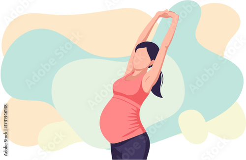 A serene expectant mother engages in gentle stretching exercises, promoting health and well-being during her pregnancy journey with a calm, illustrative style.