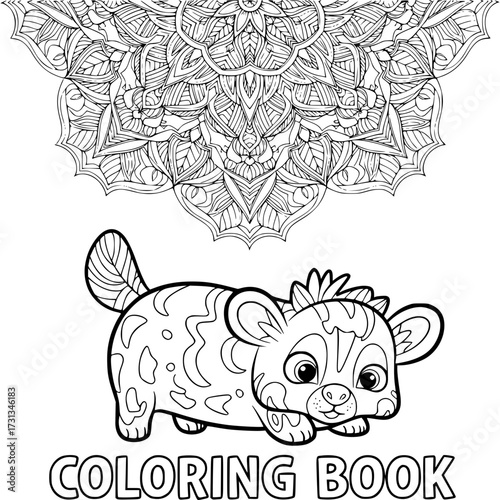 Fun with Coloring book Illustration: An enchanting coloring book page featuring an adorable spotted hyena and an ornate mandala design, inviting creativity and relaxation.
