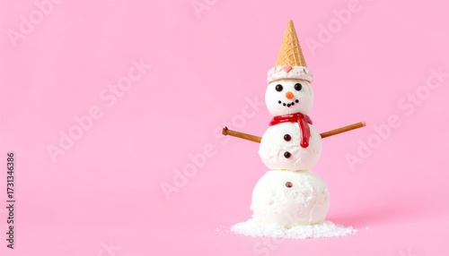 Whimsical Ice Cream Snowman on Pink Background a Festive and Delicious Holiday Treat Ready to Melt Hearts