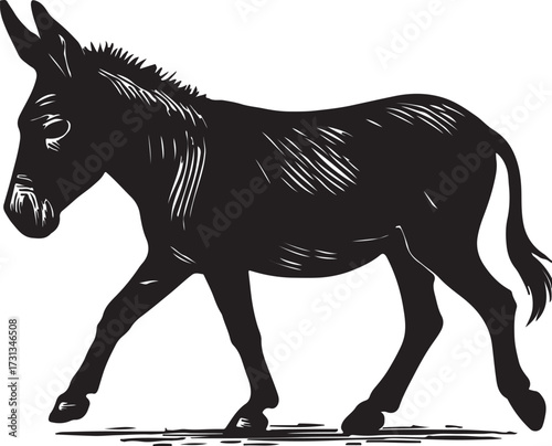 Silhouette of a black donkey walking with its head down in a side profile against a white background
