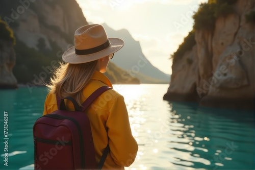 A woman with a backpack and hat admires the sunset over turquoise waters surrounded by cliffs.