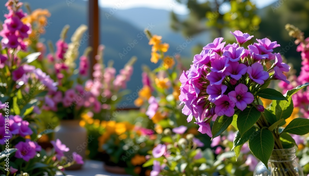Obraz premium The photo captures a vibrant outdoor garden scene. A collection of potted flowers in a variety of colors – pink, purple, yellow, and orange – are arranged together
