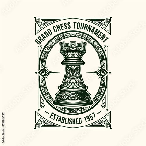 A detailed, ornate vintage-style logo for a "Grand Chess Tournament" featuring a decorative rook piece and "Established 1957" text within an elegant frame.