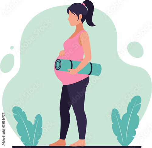 An illustration of a healthy pregnant woman holding a yoga mat, symbolizing wellness, self-care, and an active lifestyle during her pregnancy.