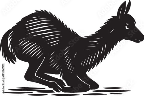 Stylized black and white woodcut illustration of a running llama or alpaca in motion against a white background