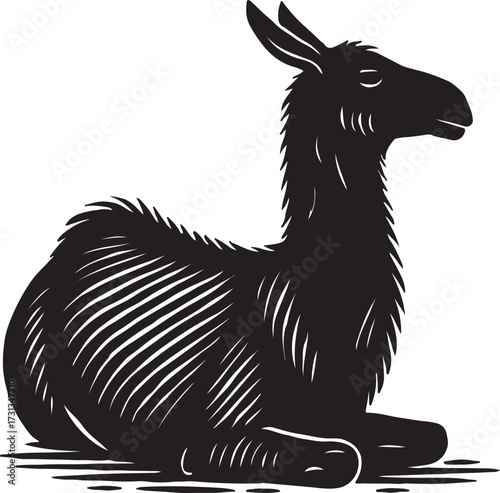 Stylized black silhouette of a llama resting on a white background with woodcut texture