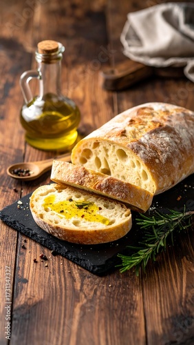 Rustic ciabatta loaf sliced, drizzled with olive oil, alongside a bottle of olive oil and rosemary sprig on a dark wooden surface
