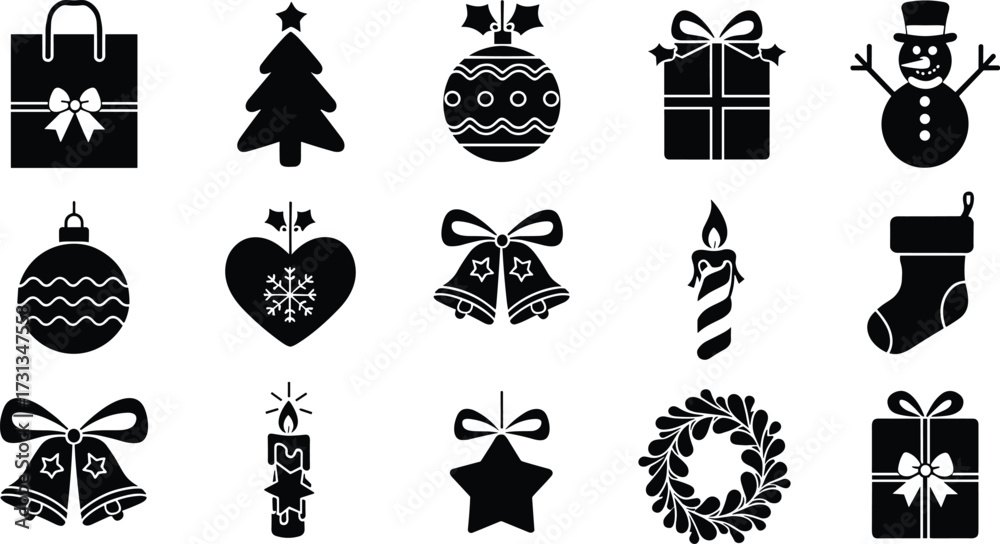 Naklejka premium Set of winter and Christmas silhouettes. Christmas collection. Christmas Vector Icon Set, Christmas illustrations, banner design hand drawn elements in Scandinavian style
