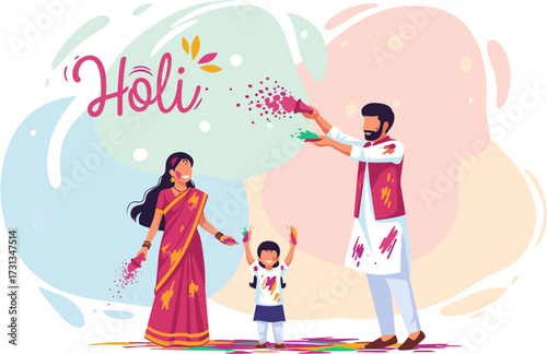 A joyful Indian family celebrates the vibrant festival of Holi, showering each other with colorful powder, embracing traditional culture and happiness.