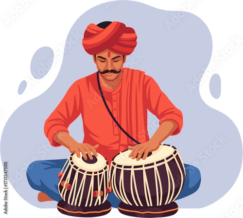 A traditional Indian musician skillfully plays the tabla drums, showcasing the rich rhythmic artistry and cultural heritage of India in a vibrant graphic.