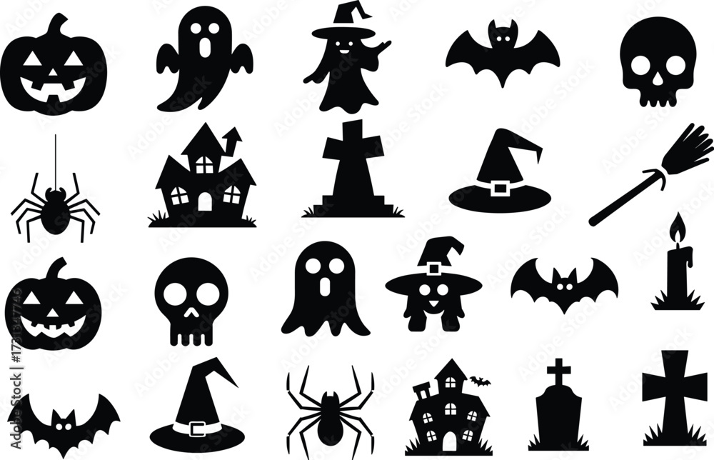 Obraz premium Collection of Halloween silhouettes. Haunted house, creepy tree, flying witch, pumpkins, Halloween ghost, owl, coffin lid, Black and white Halloween vector silhouette set with spooky icons and element
