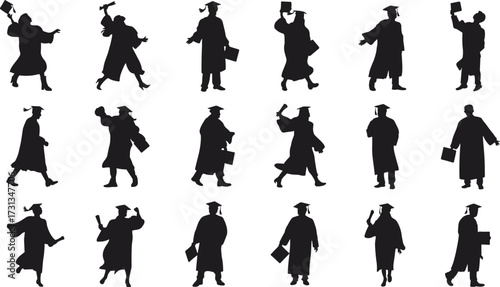 men Woman celebrating graduation silhouette, graduation hat with diploma, Education cap, Graduation student black cap with academic degree certificate silhouettes