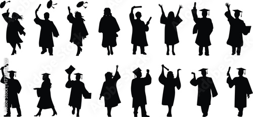 men Woman celebrating graduation silhouette, graduation hat with diploma, Education cap, Graduation student black cap with academic degree certificate silhouettes