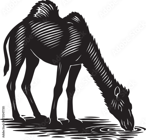 Black silhouette of a dromedary camel in motion against a white background with detailed hatching texture