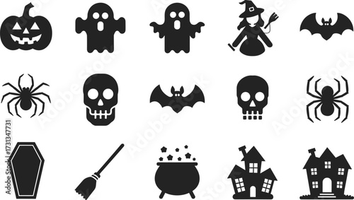 Collection of Halloween silhouettes. Haunted house, creepy Bat, flying witch, pumpkins, Halloween ghost, coffin lid, Black and white Halloween vector silhouette set with spooky icons and element