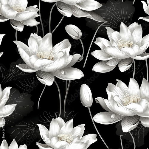 Elegant seamless white lotus floral damask pattern with intricate detailing, monochrome design, vintage style,