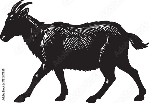 Detailed black silhouette illustration of a walking goat with long curved horns and shaggy fur on a white background