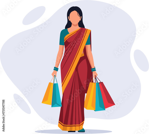 An Indian woman, elegantly dressed in a traditional red sari, stands holding many colorful shopping bags, depicting a joyful and successful retail day.