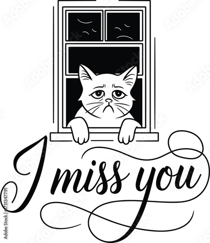 Sad Cat saying I Miss You. Illustration of sad white cat is seen through the window. Objects isolated on white background