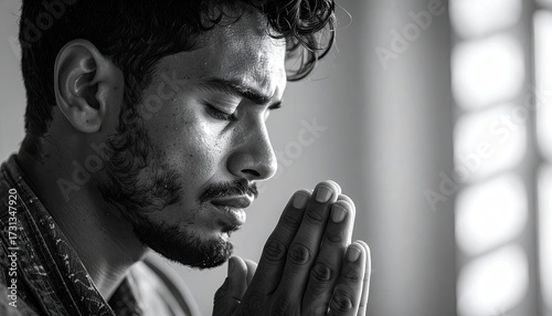 Close Up Black And White Image Of A Man In Deep Thought With Hands Clasped Praying Indoor