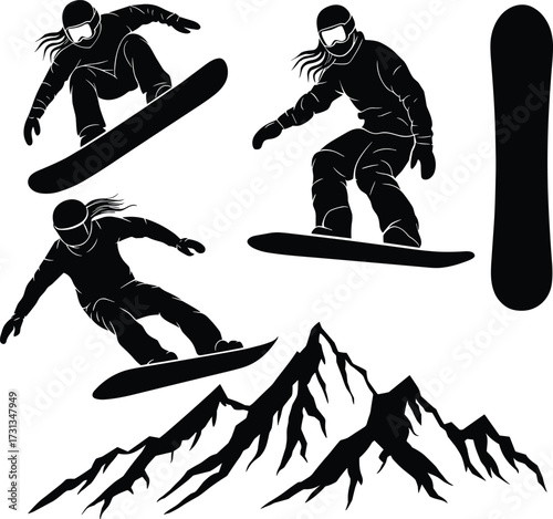 Powder surfing vector, Silhouette of a snowboarder carving, snowboarding silhouette vector, skier navigating a snowy slope during winter, Snowboard