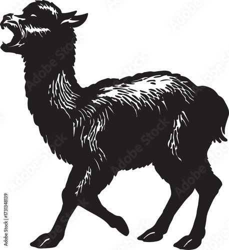 Detailed black silhouette illustration of a walking goat with long curved horns and shaggy fur on a white background