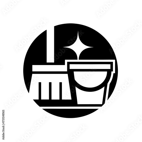 A flat icon of a mop with a bucket, symbolizing floor cleaning and general tidiness.
