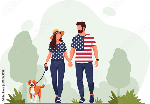 A happy couple wearing patriotic American flag inspired apparel enjoys a leisurely walk with their small dog in a vibrant park setting.