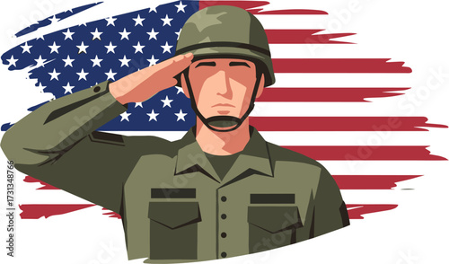 A patriotic illustration of a uniformed male soldier saluting, set against a distressed American flag, symbolizing honor, duty, and national pride.