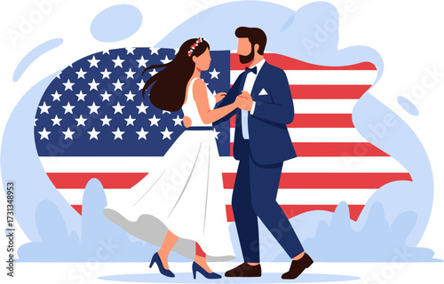 A happy newlywed couple dances gracefully, celebrating their love and commitment against a vibrant, patriotic American flag map backdrop.