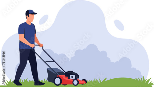 A dedicated man in a cap efficiently operates a powerful red lawnmower, meticulously trimming lush green grass in a bright outdoor setting.