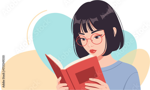 An illustration of a stylish young woman wearing glasses, completely absorbed in the pages of a vibrant red book, enjoying quiet time.